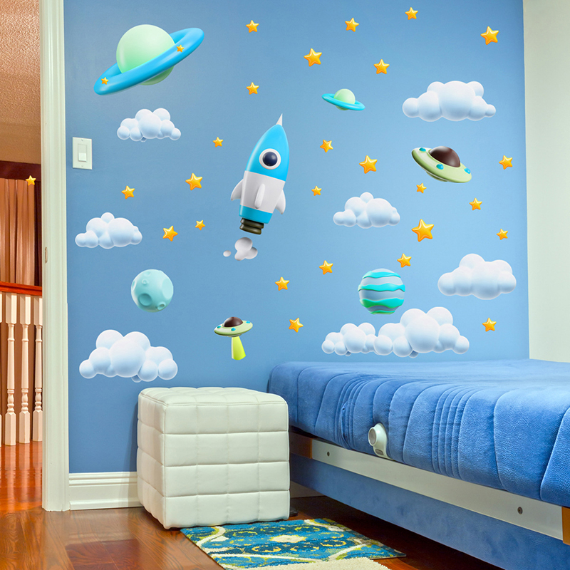 Baby Nursery Diy - Stiker Dinding UFO Roket Luar Angkasa