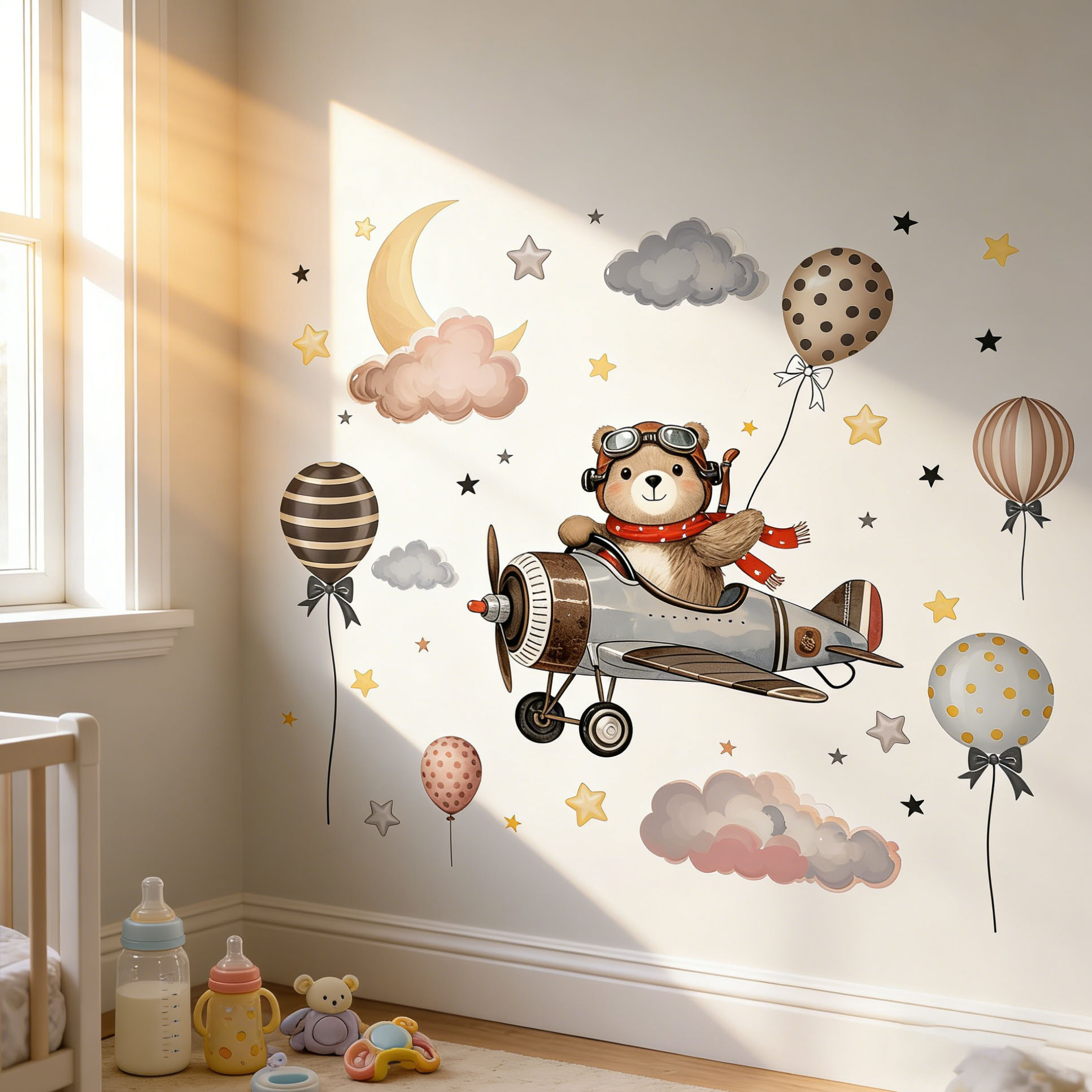 Baby Nursery Decals - Stiker Dinding Kartun Beruang Terbang Pesawat