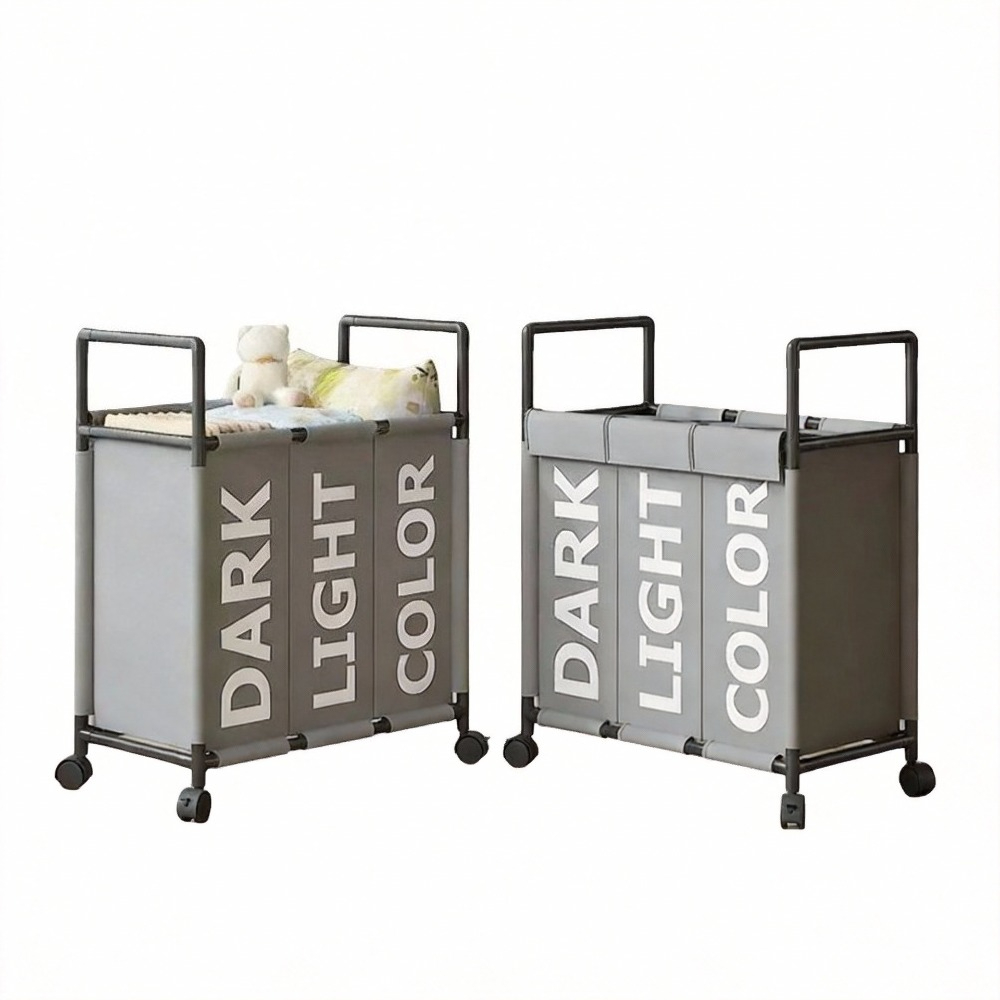 Storage Basket Fabric - Keranjang Cuci 3 Kompartemen dengan Roda