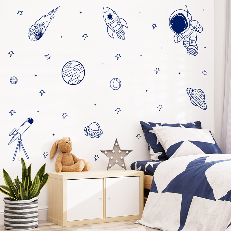 Baby Nursery Wallpaper - Stiker Dinding Roket Planet Astronot Alam
