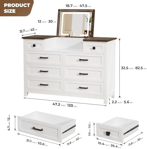 Lemari dengan Cermin LED, 8 La - Drawer Dresser White ulasan dan harga